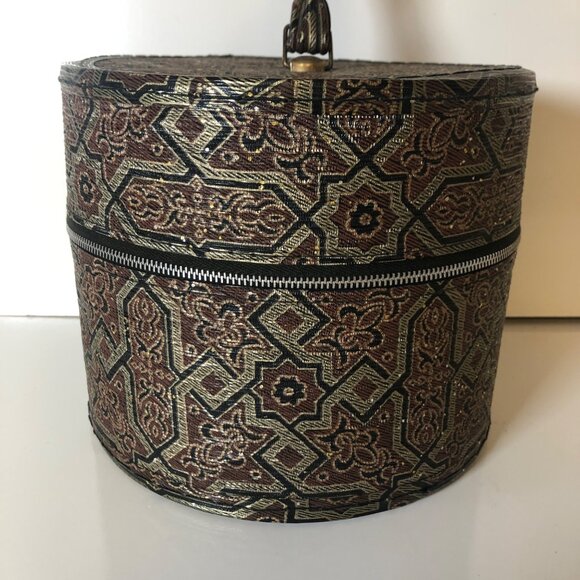 Vintage Round Tapestry Design Storage Box Carrier Vinyl Travel Luggage HandleZip - Picture 6 of 10
